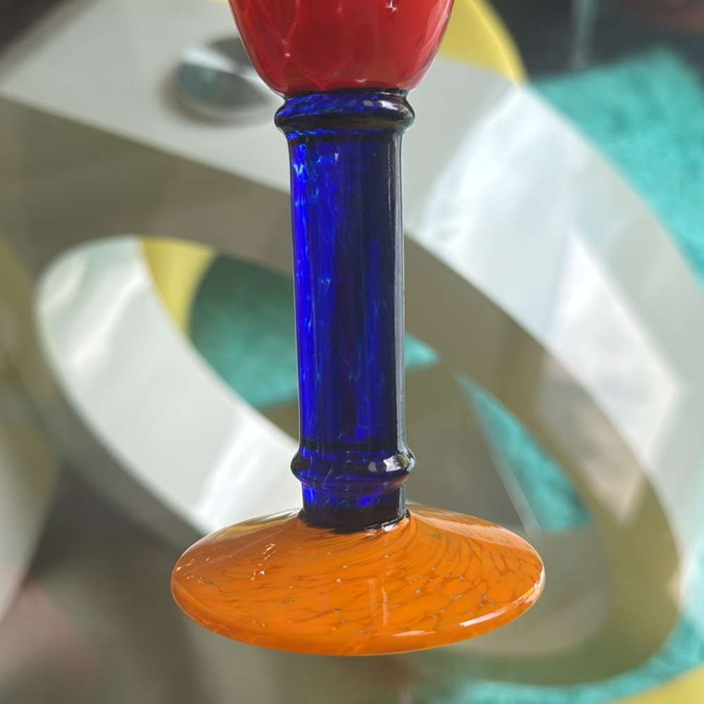 Set MURANO Style Art Glass Champagne Flutes Glasses Orange Cobalt Blue - Picture 4 of 10